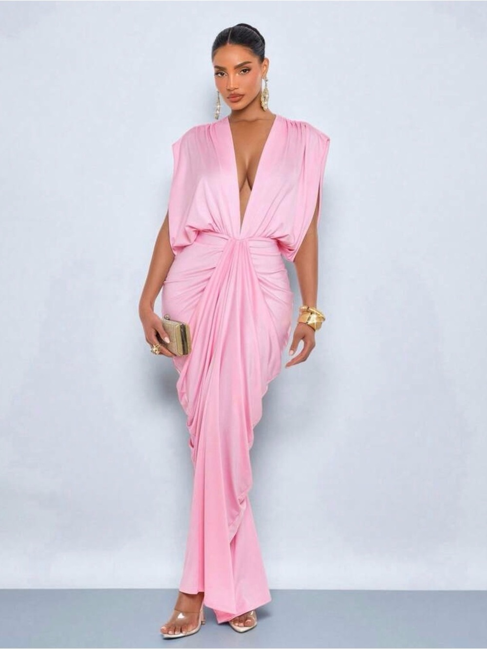 Elegant Pink Draped Evening Dress